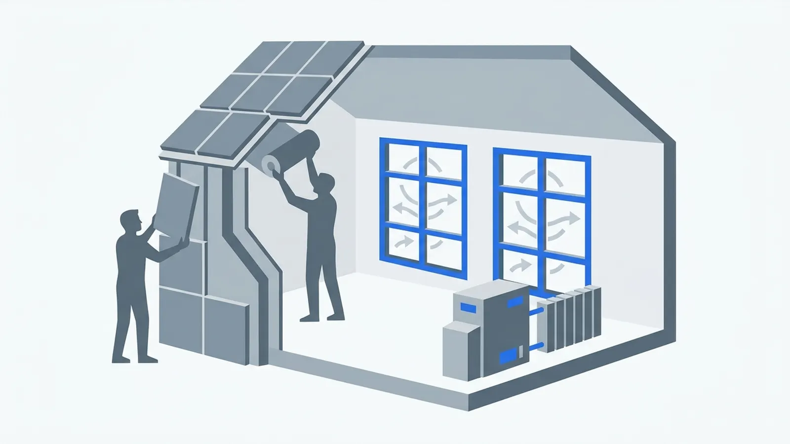 Illustration de travaux de rénovation énergétique : isolation, fenêtres et chauffage d'une maison.